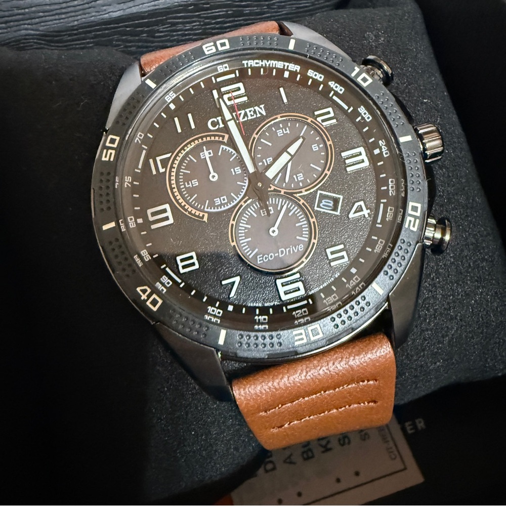 NIB Citizen Eco-Drive Weekender Ion Plated Chronograph Watch 45mm AT2447-01E